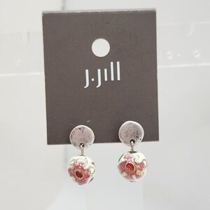 Dainty Flower Cloisonne Drop Earrings White Pink Enamel Silver Tone Cottagecore